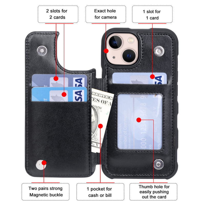 Arae for iPhone 13 Case with Card Holder - Wallet Case with PU Leather Card Pockets Back Flip Cover for iPhone 13 6.1 inch, Black iPhone 13 6.1''