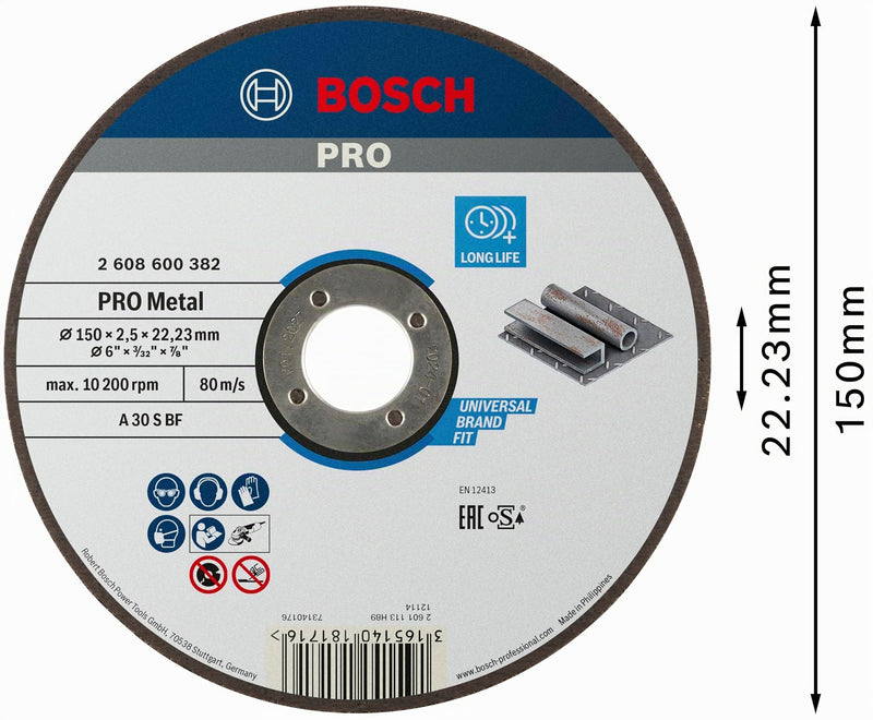 Bosch 1 x Pro Metal Longlife Cutting Disc for Small Angle Grinders and 22.23 mm Bore (for Steel, Diameter 150 mm, Professional Accessories Small Angle Grinder) 150 x 2.5 mm