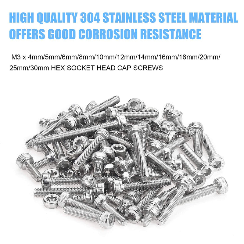DYWISHKEY 700 Pieces M3 Stainless Steel 304 Hex Socket Head Cap Bolts Screws and Nuts Assortment Kit