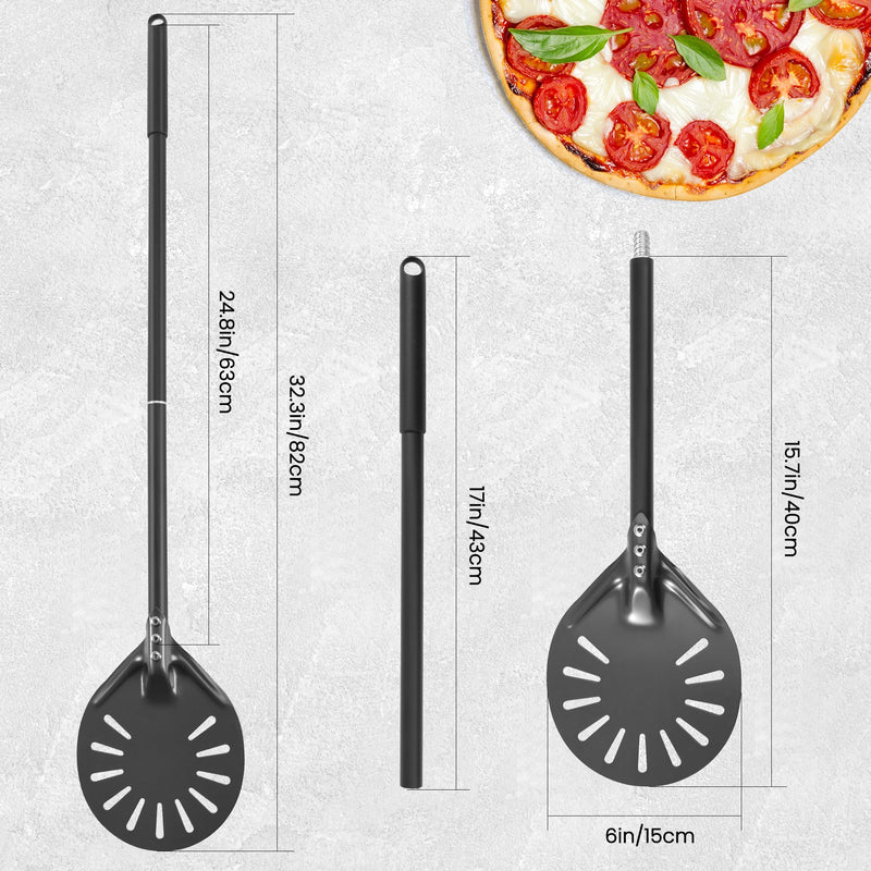 6” Pizza Turning Peel - Extra Long Handle Pizza Turner - Restaurant-Grade Aluminum Perforated Pizza Peel Lightweight Metal Outdoor Pizza Oven Accessories 6” Extra long handle turning peel Black