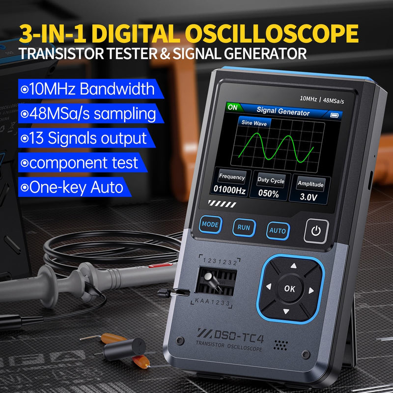 DSO-TC4 Oscilloscope, 3 in 1 Digital Oscilloscope/Transistor Tester/Signal Generator, 10 MHz Bandwidth, 48 MSa/s Sample Rate with Overheating Protection