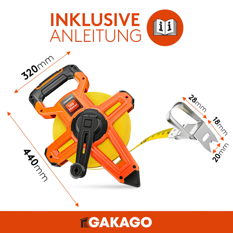 Gakago tape measure 100m - 3-fold translation tape measure with folding lever - ergonomic & non-slip tape measure handle - tape measure roll with measuring point marking tip and flexible measuring hook 100 meters