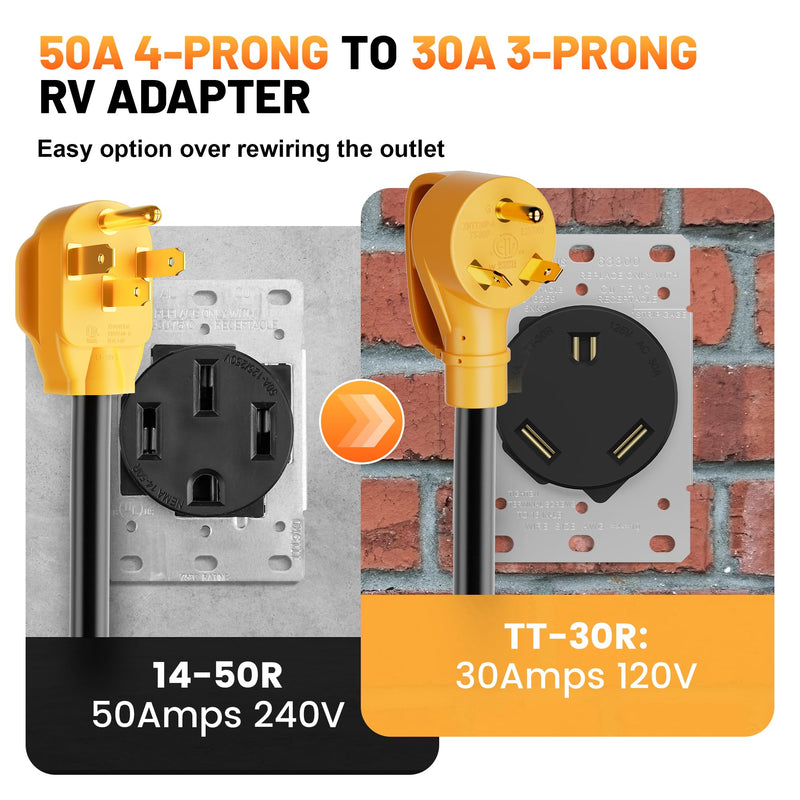 50 Amp to 30 Amp RV Adapter, NEMA 14-50P to NEMA TT-30R 50A Male to 30A Female RV Plug Adaptor Connector, 4 Prong RV Power to 3 Prong Electrical Converter for Travel Trailer Camper, 30A 125V