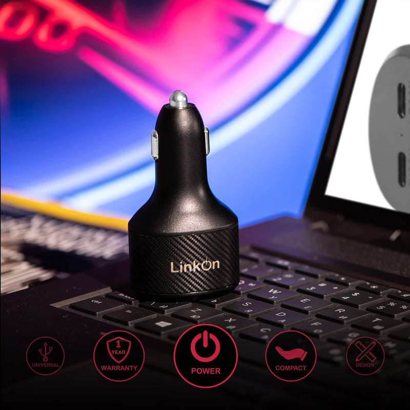 LinkOn 130W USB C Car Charger PD3.0 (100W) PPS + 30W PD – Dual USB-C Port Fast Charger for Laptop, Phone, or Tablet Compatible with MacBook, Dell XPS, HP, iPhone 15/16, Galaxy S23/S24, Pixel, and more Carb-130W