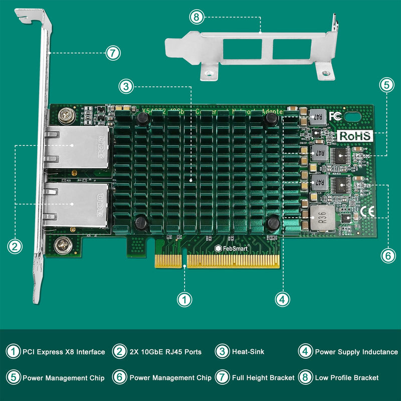 PCIE X8 Interface to 2X 10Gbps RJ45 Ports Network Adapter, Intel X540-AT2 Ethernet Controller, 2X 10GbE RJ45 Interface PCIE NIC Card, PCI Express 10GbE Converged Network Adapter (X540T2) X540T2