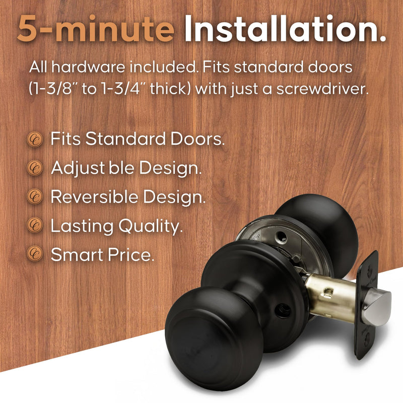 Copper Creek Colonial Passage Interior Door Knob – ANSI Grade-3 Certified, Modern Heavy Duty Handle, Easy Install and Reversible for Bedroom, Bathroom and Closets – Matte Black (2 Pack) 2 Pack