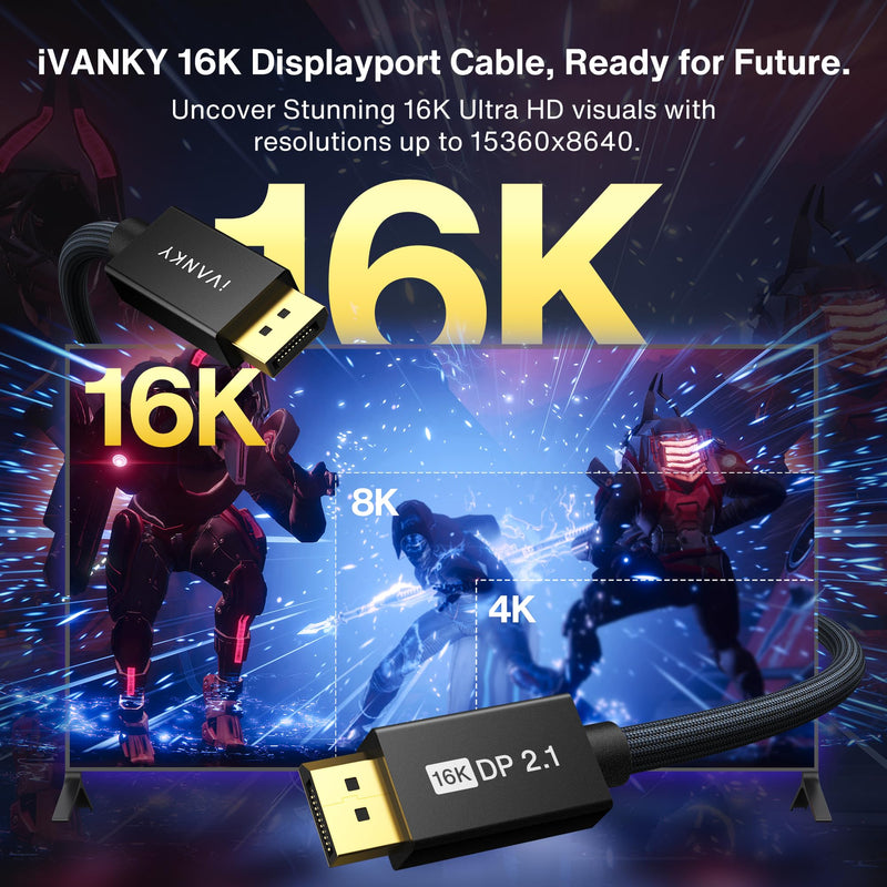 IVANKY DisplayPort 2.1 Cable, 15ft, 16K@60Hz, 8K@120Hz, 4K@240Hz, HDR, HDCP 2.2, 3D, ARC, Compatible with Gaming Monitor, TV and More 15 Feet 1