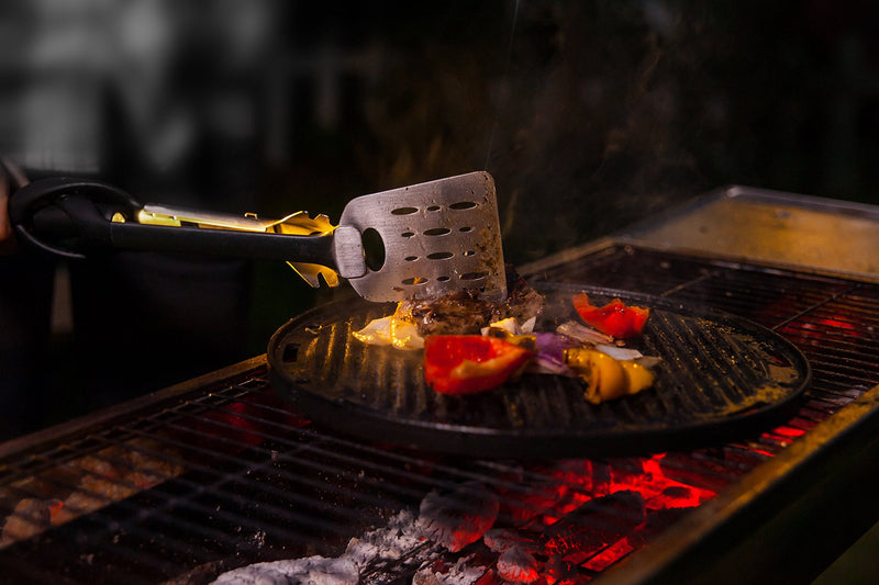 Jokari Pro Grade 6 in 1 Lighted Grill Tool. All in One Cooking Utensil Includes Easy Grip Handle, Spatula, Adjustable Tongs, Knife Blade, Scraper, Bottle Opener and LED Flashlight for Night Grilling. Tool Only