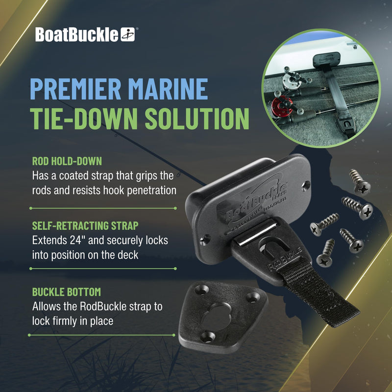 BoatBuckle Gunwale/Deck Mount Retractable Rod Tie-Down, 24-Inch Self-Retracting Fishing Rod Holder for Boats 24-Inch (1-Count)