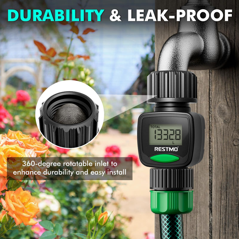 [2 Pack] RESTMO Water Flow Meter, High Measure Accuracy, Measure Gallon/Liter Consumption and Flow Rate for Outdoor Garden Hose Watering, RV Water Tank Filling, Lawn Sprinkler and Nozzle Sprayer 2 Pack
