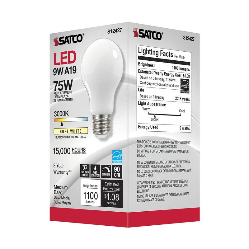Satco (6 Pack Dimmable Led Filament Lamps, S12427, High Lumens, 11 Watt, A19; Soft White; Medium Base; 3000K; 90 CRI; 120 Volt for use at Residential, Hospitality, Display and Commercial