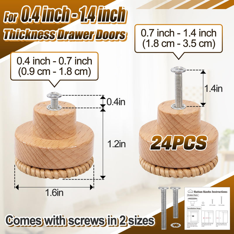 ANPHSIN 24 Pack Boho Rattan Cabinet Dresser Knobs- Durable Beech Wood Drawer Knobs, Decorative Handmade Wicker Woven Pulls Handles with 48 Screws for Home Furniture Round Rattan (24 pcs)