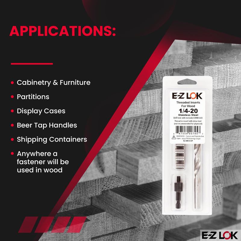E-Z LOK 400-4-CR Thread Installation Kit for Hard Wood Stainless Steel Threaded Inserts 1/4-20 (6), Drill, Installation Tool
