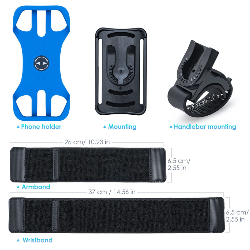 Running Armband, 3 in 1 Running Phone Holder Sports Armband Bicycle Phone Holder 360° Rotatable & Detachable Running Phone Armband for 4.5-9'' iPhone Huawei for Gym Running Hiking Blue