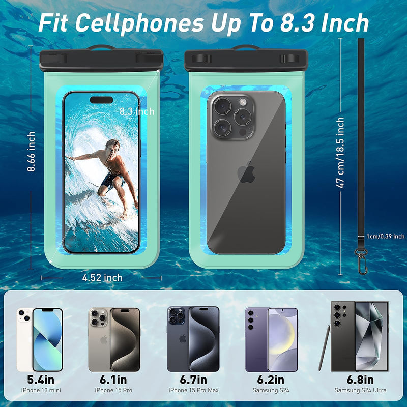 Waterproof Phone Pouch，Universal Case Compatible for iPhone 15 14 13 Pro Max XS Plus Samsung Galaxy S22 Cellphone Up to 8.3", IPX8 Under Water Beach Accessories Beach Bag, 1 Pack - Green A4-Green-1 pack