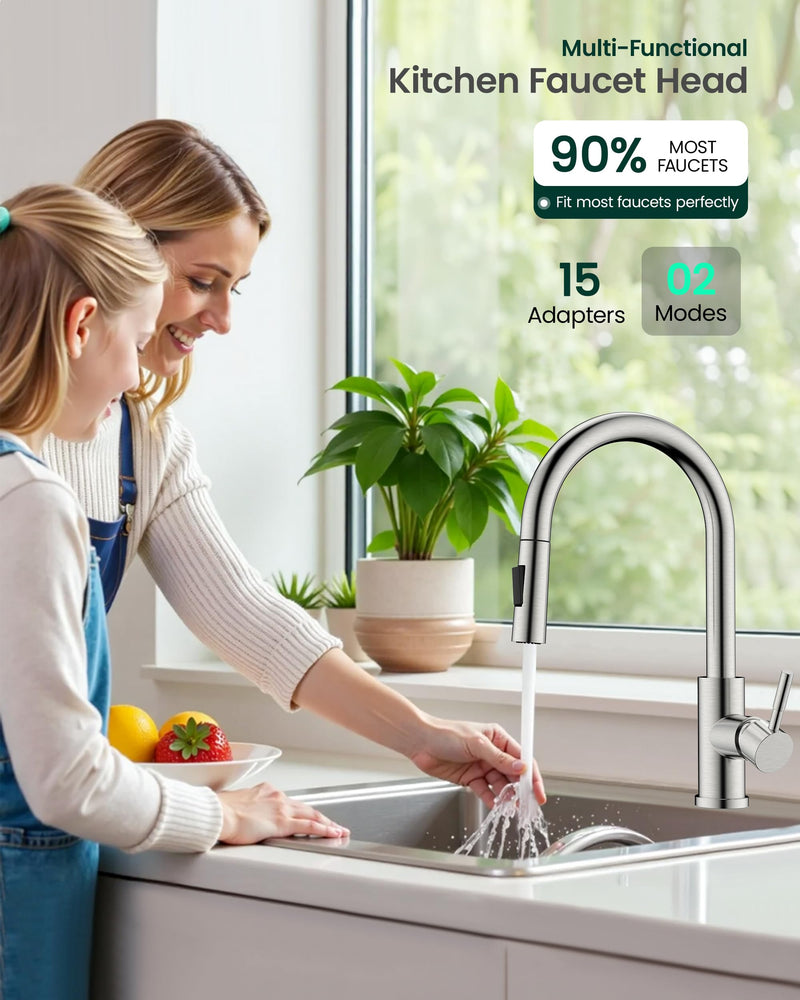 Metal Kitchen Faucet Head Replacement, 2-Mode Pull Down Kitchen Faucet Spray Head with 15 Adapters, High Pressure Sink Sprayer Nozzle Stainless Steel, Brushed Nickel