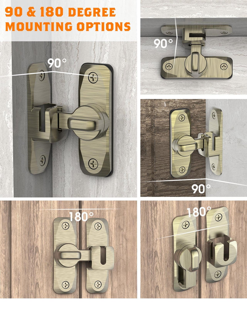 90/180 Degree Barn Door Lock, Small Flip Gate Latches Hardware, Security Sliding Door Latch Lock fo Cabinets, Barn, Bathroom, Garden (Bronze-2Pcs) Bronze-2Pcs