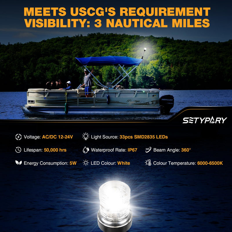 12 Inches Stern Light Boat Anchor Light LED, Marine Navigation Lgihts Waterproof IP67, 3 Nautical Mile Visibility White Fold Down Boat Lights for Pontoon, Jon Boats, Small Boats (12~24V) 12 Inches