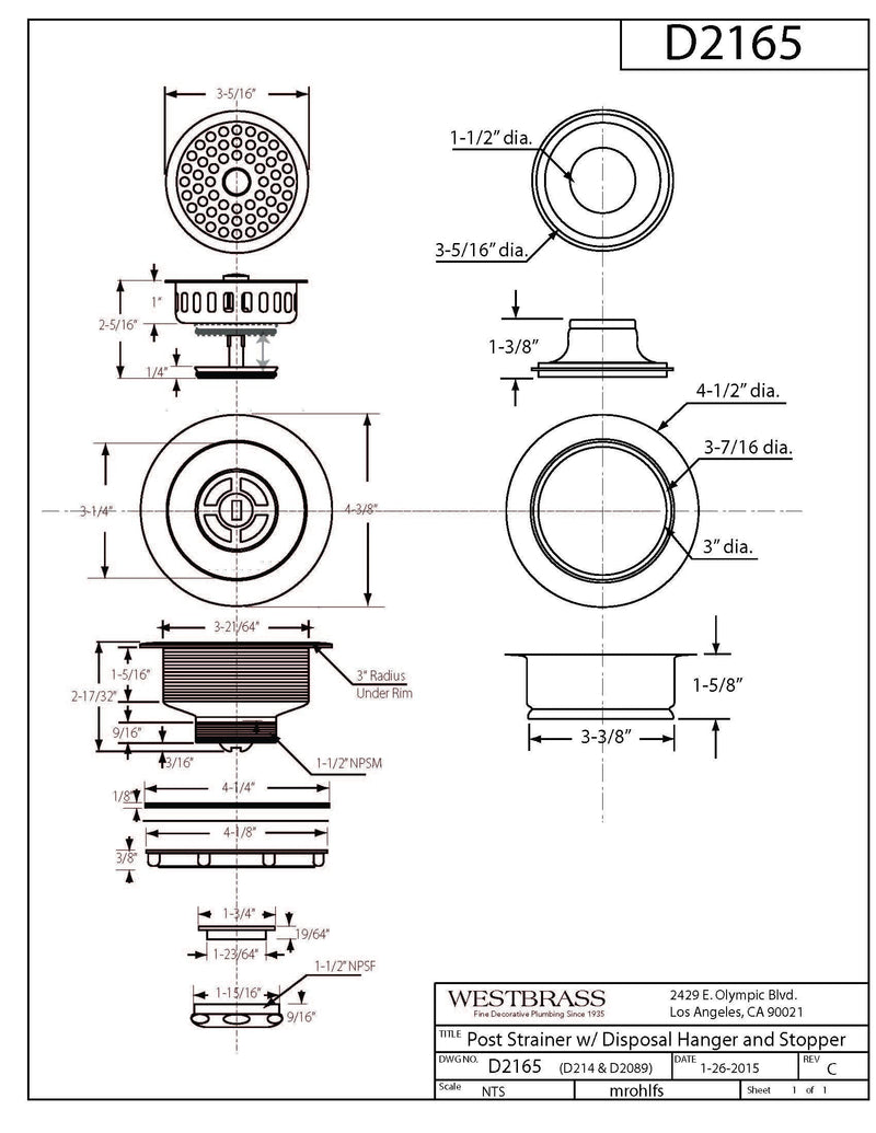 Westbrass D2165-50 Post Style Large Kitchen Basket Strainer with Waste Disposal Flange and Stopper, Powder Coat White 1 Pack