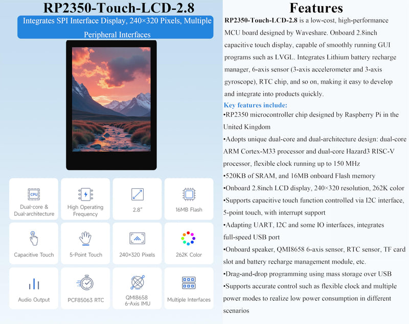 RP2350 2.8inch Capacitive Touch Display Development Board, 240x320, IPS Panel, 5-Point Touch, SPI Interface Display, Accelerometer and Gyroscope Sensor, I2C Interface 5-Point Touch