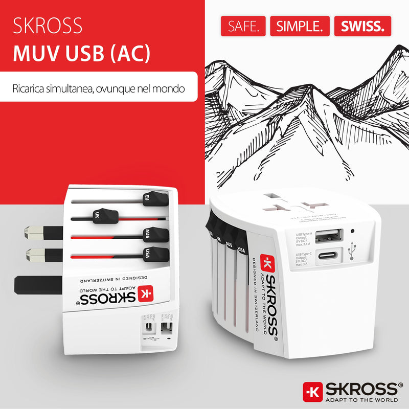 SKROSS Universal Travel Plug with USB and USB C, 1.302962, White