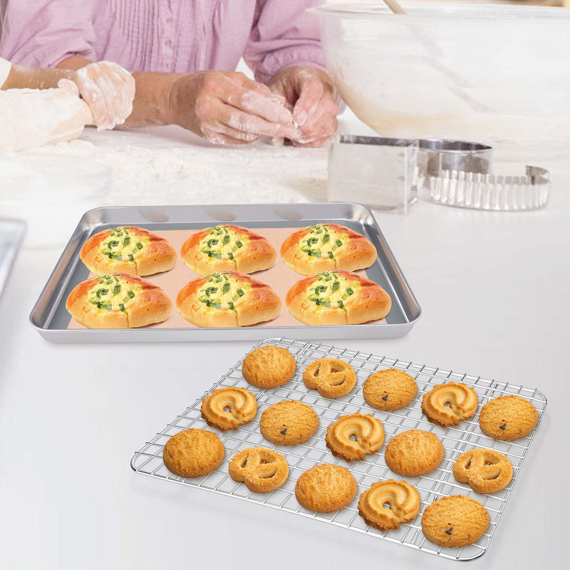 P&P CHEF 12.5 x 9.7 x 1 Inch Toaster Oven Pan with Grid Rack and Silicone Mat, Stainless Steel Toaster Oven Tray Baking Pan with Cooling Roasting Rack, Dishwasher Safe (3Pcs)
