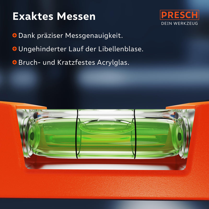 Presch mini spirit levels set 4 pieces. - Mini spirit level, cross spirit level, circular spirit level and string spirit level - All-round set - Reinforced magnet for maximum adhesion - Break-proof acrylic glass spirit levels set of 4.