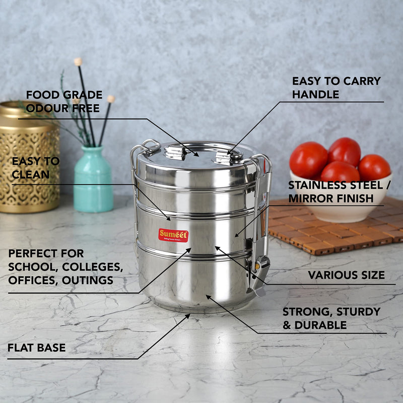 Sumeet Stainless Steel 3 Compartment Lunch Box/Tiffin with Lid and Handle, 11.5Cm Dia, (1500ML, Silver) | Stackable, Traditional Tiffin Container / Dabba with Handle for Office, 11.5Cm Diameter 1500ml 3 Tier