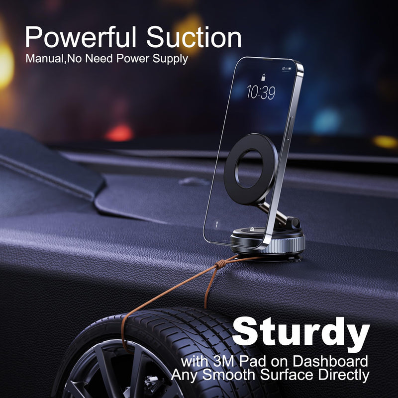 Magnetic Phone Holder for Car,Vacuum Suction Cup Phone Mount,Magsafe Car Mount for iPhone, No Need Charge,Folding Holder for iPhone and Android Black