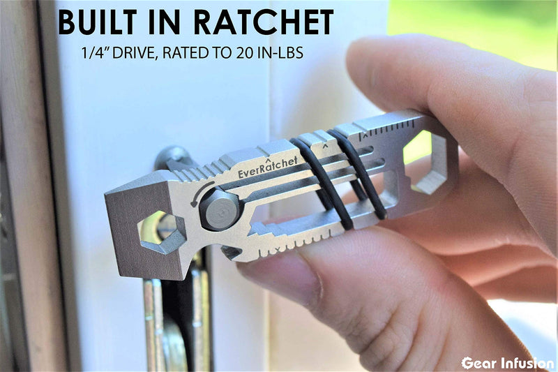 Gear Infusion EverRatchet - EDC Bladeless Keychain Multitool – 17-in-1 tool with Bottle Opener, Screwdriver, Pry Bar, Wrenches & Ratchet (Titanium) Titanium - Original