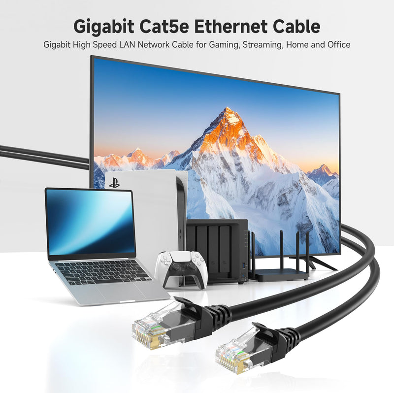 Cable Matters 1Gbps 8-Pack Snagless Cat 5e Ethernet Cable - 10ft, Gigabit Cat5e Cable, Cat5e Ethernet Cord, Black 10 Feet