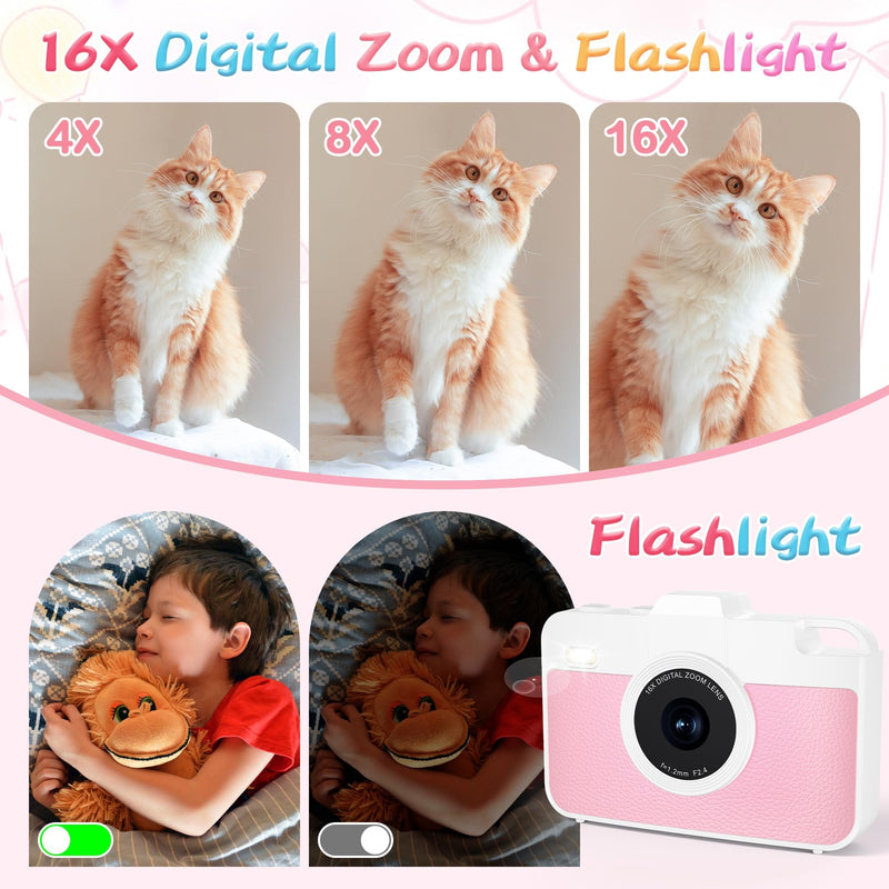 Digital Camera for Kids, 1080P Kids Camera with 16X Zoom, Point and Shoot Digital Camera with Dual Lens, Toddler Camera for Boys Girls, Best Chritmas Birthday Gift Toys for Kid, 8GB TF Card, Blush