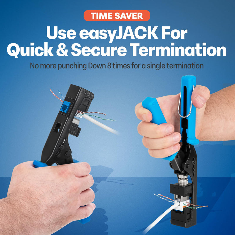 Everest easyJACK - 90° Angled Speed Termination Keystone Tool Set - with 20-Pack of RJ45 Slim Profile Cat6 Keystone Jacks (10 Blue & 10 White) - Time Saver Network Cat6 Punchdown Tool Multicolored