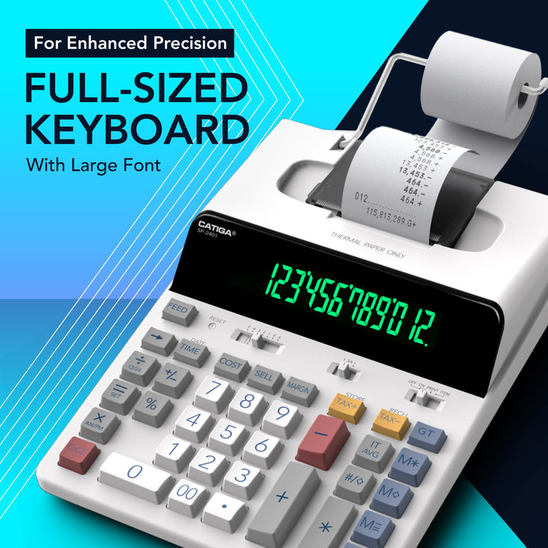 CATIGA 12 Digit Thermal Printing Calculator with Tape Print Out, Ink-Free Adding Machine, 3X Faster Quite at 8.0 LPS, Extra Large Fluorescent Display, Tax Calculation with Clock and Calendar, SP-2401 White (Ink Free)