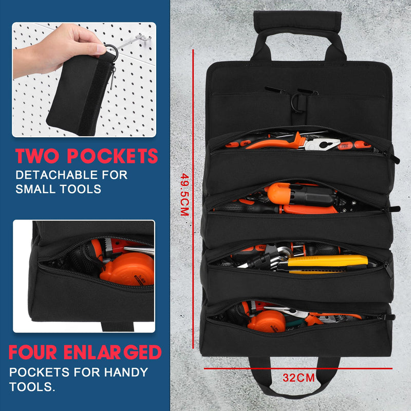 BAQRAXIA Tool Bag, Roll Up Small Tools Box Storage, Heavy Duty Tool Organizer with 2 Detachable Tool Pouch, Tool Gifts for Men Dad Husband Boyfriend Grandpa, Presents for Fathers Day Birthday (Black) Black