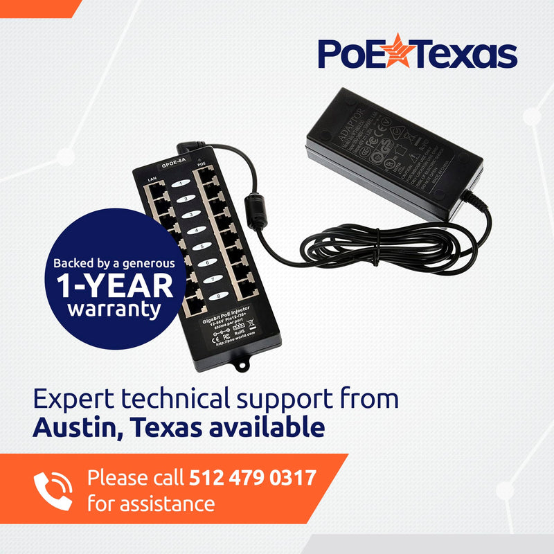 PoE Texas 8 Port PoE Injector - Gigabit Passive Power Over Ethernet Midspan - Front Wall Mount for Security Cameras, IP Phones, WiFi APs - Works with Non-PoE Switch, Includes 48v 60w Power Supply GPOE-8A-48v60w