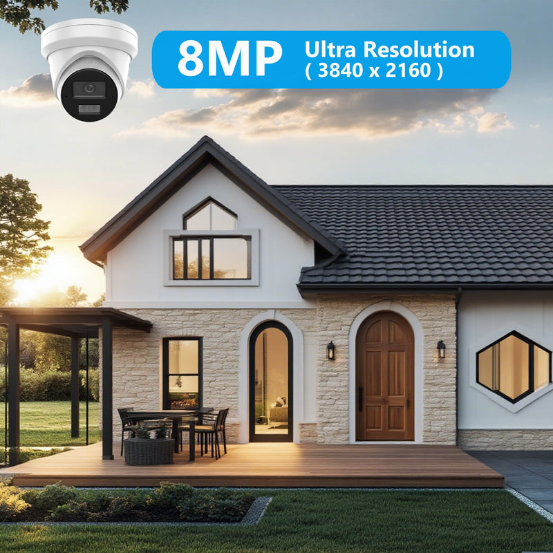 Real HD 4K 8MP Turret POE IP Camera Outdoor, 2.8mm 105° Viewing Angle, Plug and Play with NVR, Support 512Gb SD Card(NOT Included) 8MP IP PoE Camera