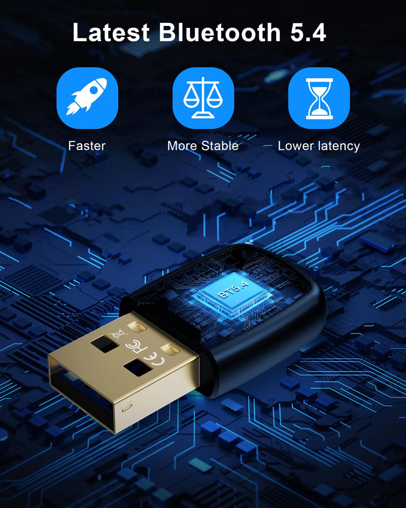 5.4 Bluetooth Dongle - 20M Range USB Adapter for PC, Plug and Play, Supports Laptop Headphones, Keyboard, Mouse - Windows 11/10/8.1