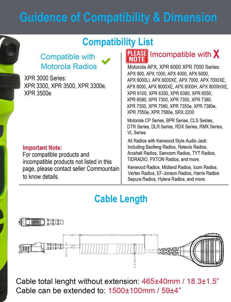commountain Speaker Mic Compatible with Motorola Potable Radios XPR 3500e, XPR 3300e, XPR 3500, XPR 3300, Noise Reduction Shoulder Microphone Black