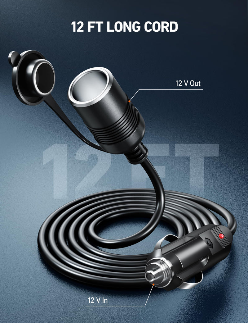 AstroAI 12Ft/12V Cigarette Lighter Extension Cord, Male to Female Socket 120W/15A Heavy Duty Extension Cord, Compatible with Air Compressor Mini Fridge Car Vacuum