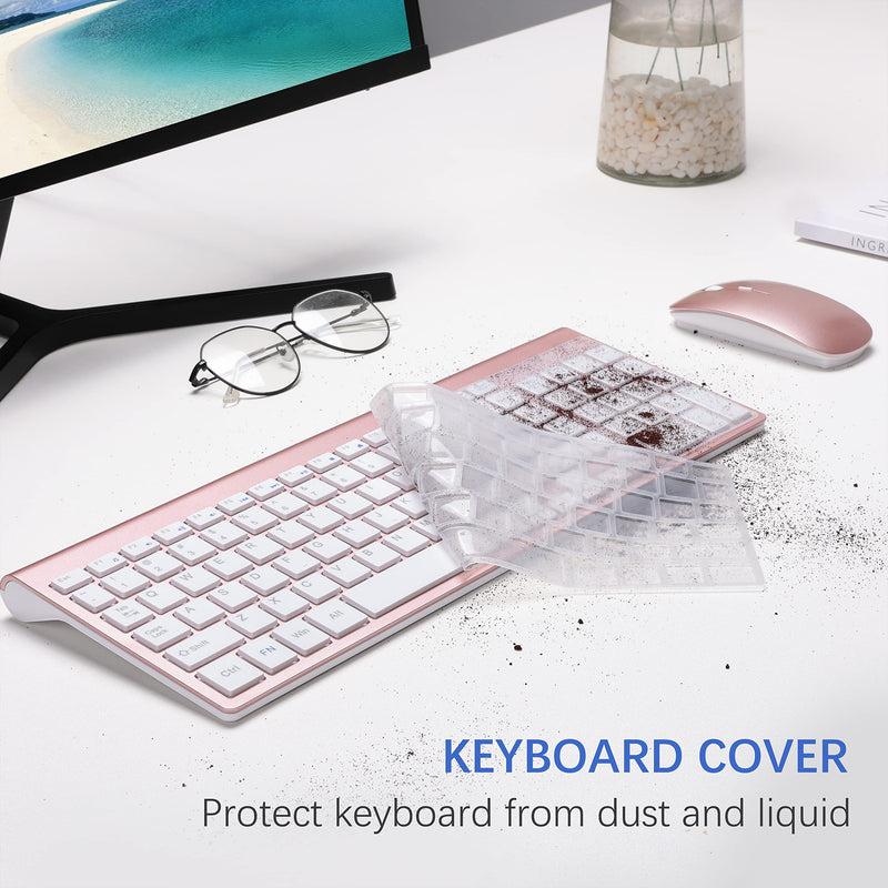 TopMate Wireless Keyboard and Mouse Ultra Slim Combo, 2.4G Silent Compact USB Mouse and Scissor Switch Keyboard Set with Cover, 2 AA and 2 AAA Batteries, for PC/Laptop/Windows/Mac - Rose Gold White