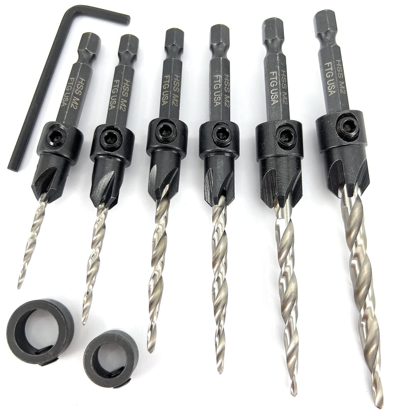 FTG USA Adjustable Wood Countersink Drill Bit Set 6 Pc Countersink Drill Bit #4#6#8#10#12#14 with Tapered Drill Bit with Depth Stop