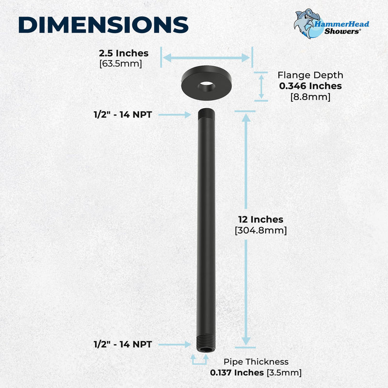 HammerHead Showers Solid Metal 12 Inch Ceiling Mount Shower Arm and Flange with Set Screw, Extra Long Straight Shower Arm for Rain Shower Head, Ceiling-Mounted Rain Shower Arm, Matte Black