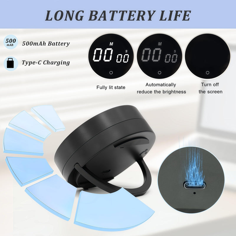 2Pcs Digital Kitchen Timer - Magnetic 199-Minute Countdown Countup Timer with Large LED Display,Volume Adjustable, Visual timers for Cooking,Gym,Meeting,Classroom,Study,Work,Outdoor Activities,Black Black-2pcs