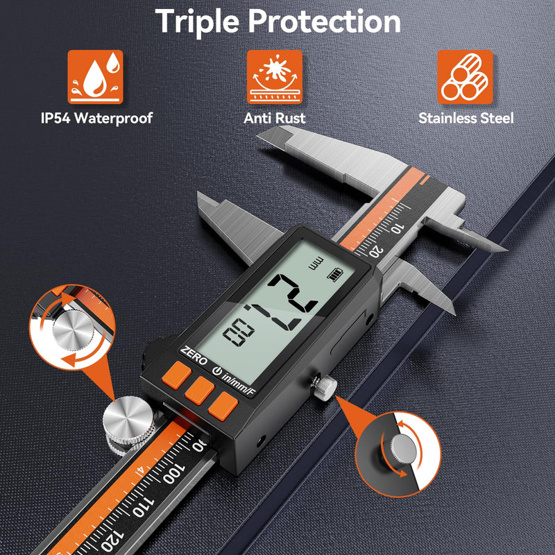 Preciva Digital Caliper 6", Rechargeable Stainless Steel Micrometer | Type-C charging, durable steel body, large LCD with auto-off saves power, in/mm/frac, for 3D-printing machining woodworking 6 Inch