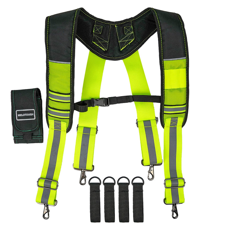 MELOTOUGH Reflective Safety Suspenders Tool Belt Suspenders Construction Work Suspenders with detachable phone holder comfortable foam shoulder padder (Lime) Safety Reflective Tool Belt Suspenders with Lime Color