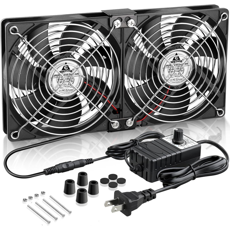 GDSTIME Big Airflow Dual 120mm Fans, 2x120mm 240mm Computer Fan with AC Plug, 110V 120V 220V 240V AC Powered with Variable Speed Controller 4V to 12V for Server Rack Cabinet Workstation Cooling 2* 120x120x25mm fan