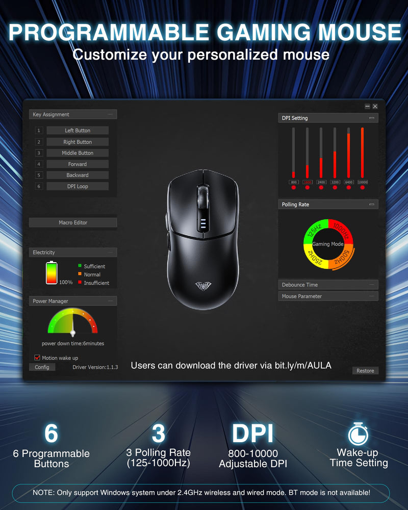 AULA SC580 Wireless Gaming Mouse, Tri-Mode 2.4G/BT5.0/USB-C Gaming Mouse, 10000 DPI Rechargeable Wireless Mouse with 6 Programmable Buttons, Ergonomic Computer Mouse for Laptop/PC/Mac/Tablet White