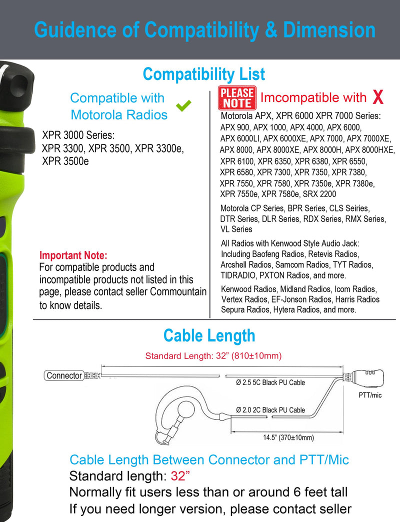 commountain XPR 3500e XPR 3300e Earpiece with Mic Compatible with Motorola Radios XPR 3300, XPR 3500, XPR3300e, XPR3500e, XPR3300, XPR3500, XPR 3000e G Shape Headset with PTT Microphone