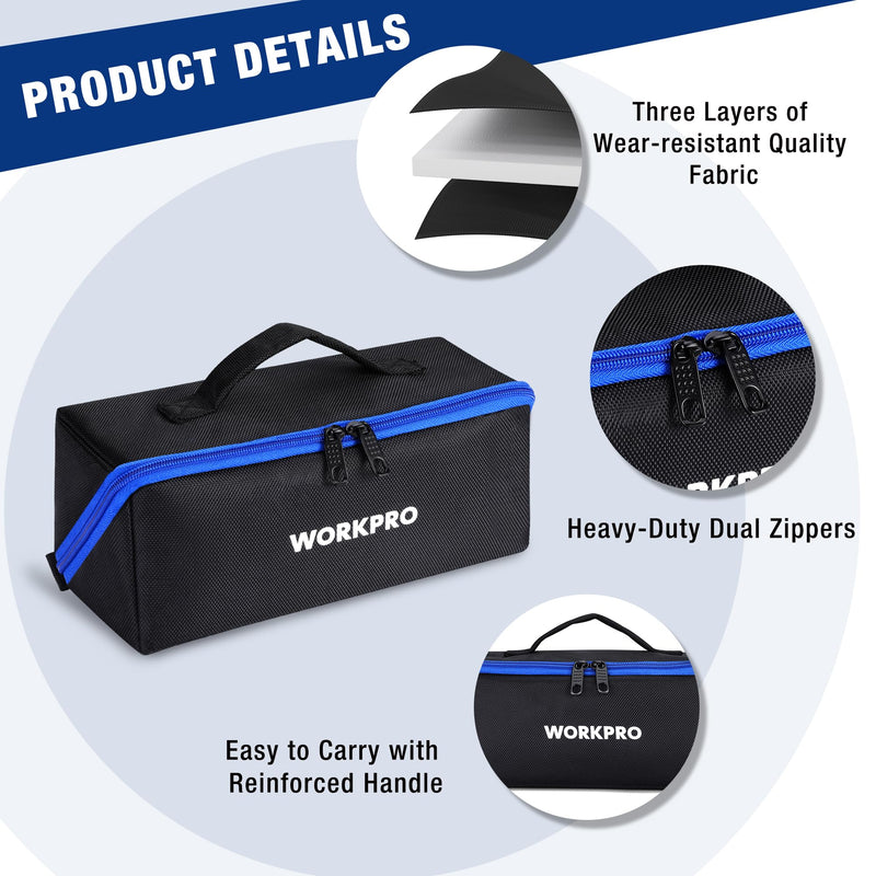 WORKPRO Tool Bag with Zipper, 10" Utility Wide Mouth Heavy Duty Tool Storage Bag, Multipurpose Zipper Tool Pouch Tote Bag for Organizer 3-pack Black